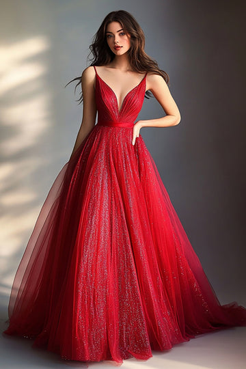 Rouge scintillant Une ligne spaghetti bretelles Robe longue de bal avec paillettes
